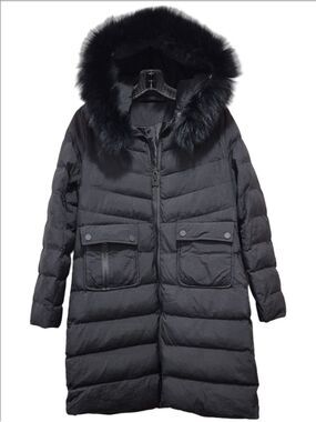 EVA BRAUN Black Mid-Length Puffer Coat Fur Hood Size LL / F
